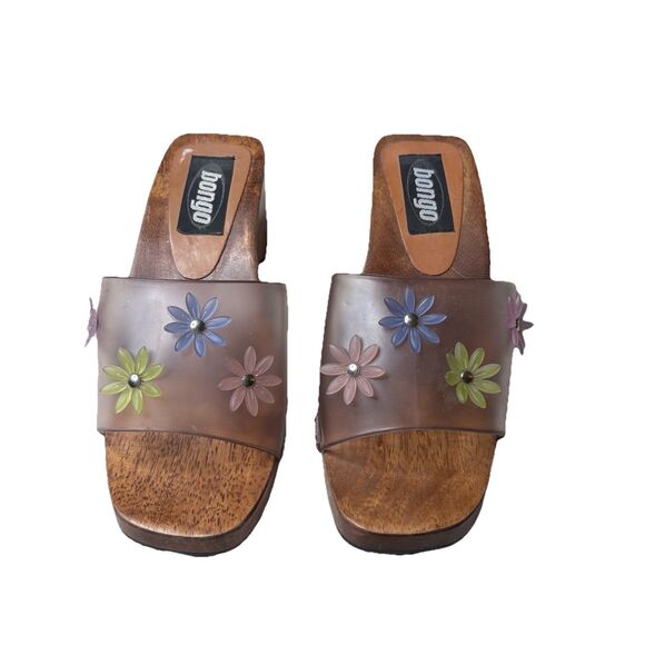 Vintage Y2K 90s Bongo Leather Buckle Wood Wedge Platform Open Toe Clogs Sz 6 - Picture 1 of 7